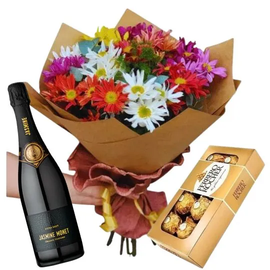 Ramo de flores margaritas rocher x8 y espumante